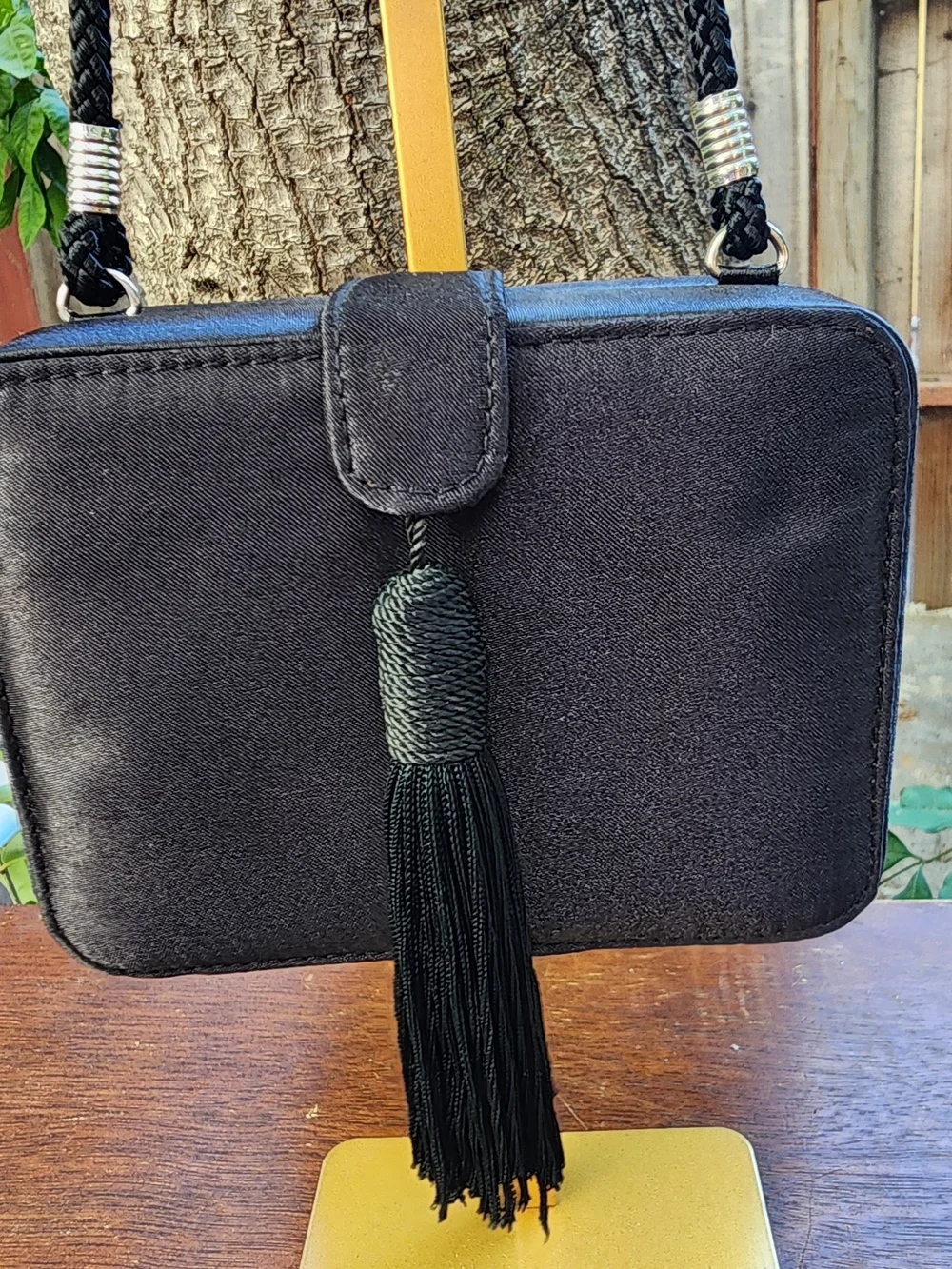 Vintage Jessica McClintock Black Satin Tassel Box Clutch Crossbody Bag
